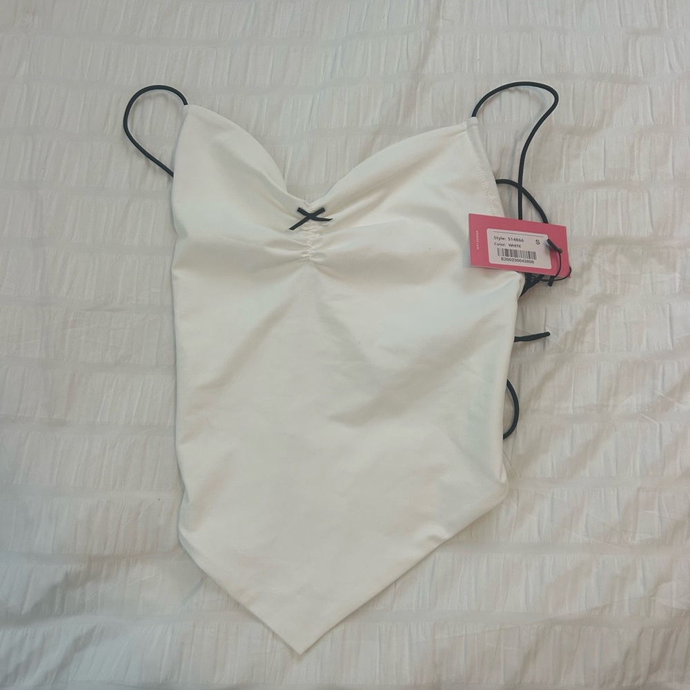 Edikted White Sleeveless Top with Black Straps and Bow